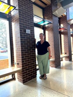 Suzanne enjoying a moment of reflection on the installation. Suzanne enjoying a moment of reflection on the installation
